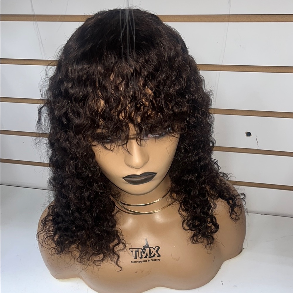 Voluminous Brown Curly Wig with Bangs